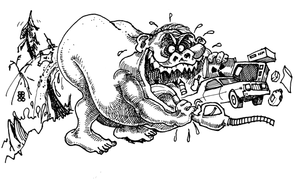 Illustration of an obese creature devouring earth's resources and spewing his pollution onto the planet